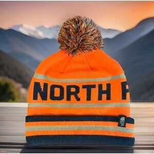 The North Face Retro Cabin Beanie Orange Grey Black Pom Knit Hat Deep Fit OSFA